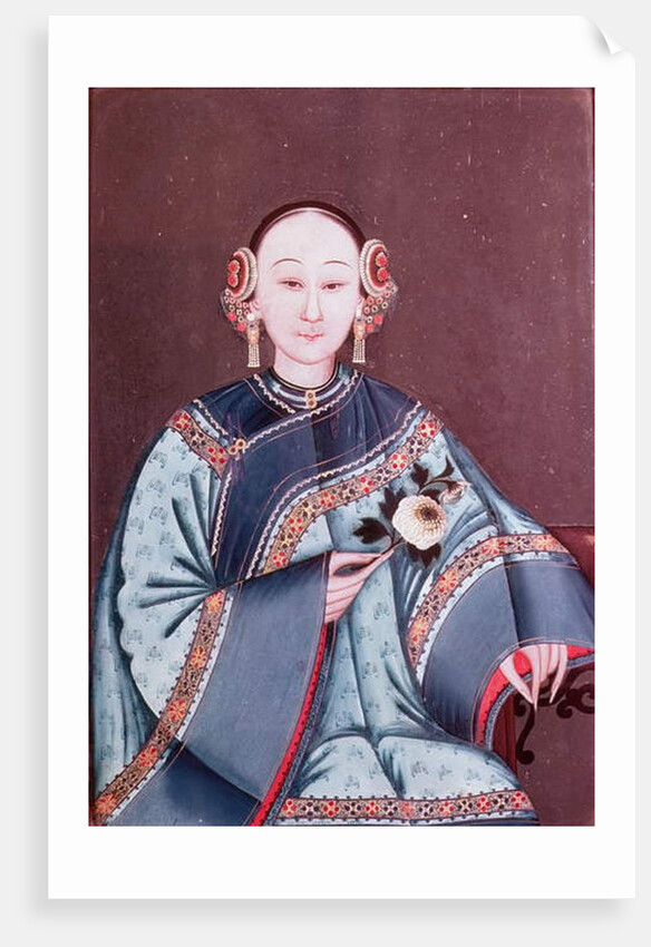 Chinese woman in traditional costume holding a single flower by School Chinese