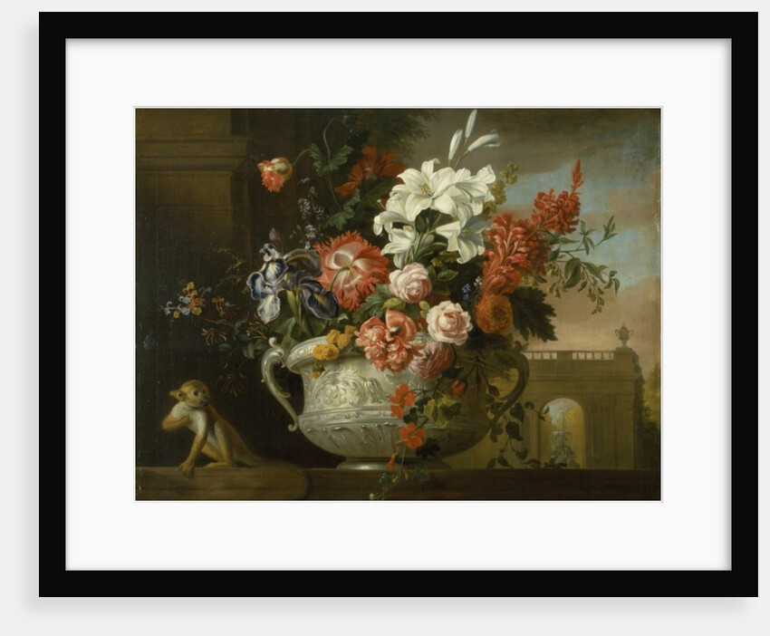 Still life with flowers in an urn, with a monkey, on a ledge, c.1699 by Jakob Bogdani or Bogdany