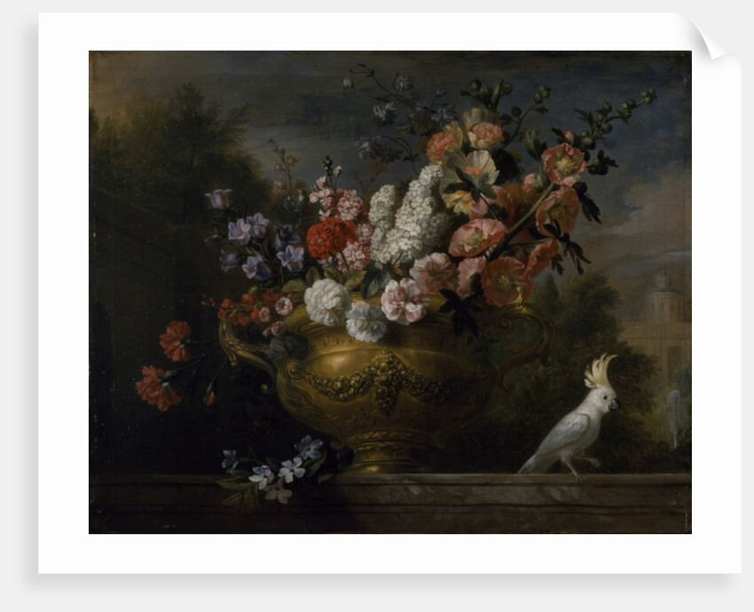 Still life with flowers in an urn, with a cockatoo, on a ledge, c.1699 by Jakob Bogdani or Bogdany