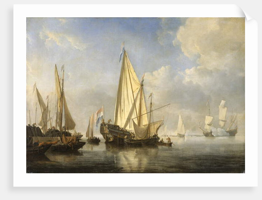 Shipping in a calm with a States Yacht off the end of a pier, c.1680 by Willem van de the Younger Velde