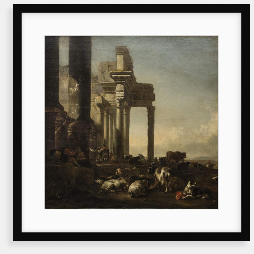 An Italianate Landscape with peasants, cattle and sheep by classical ruins, c.1650s by Jan Baptist Weenix
