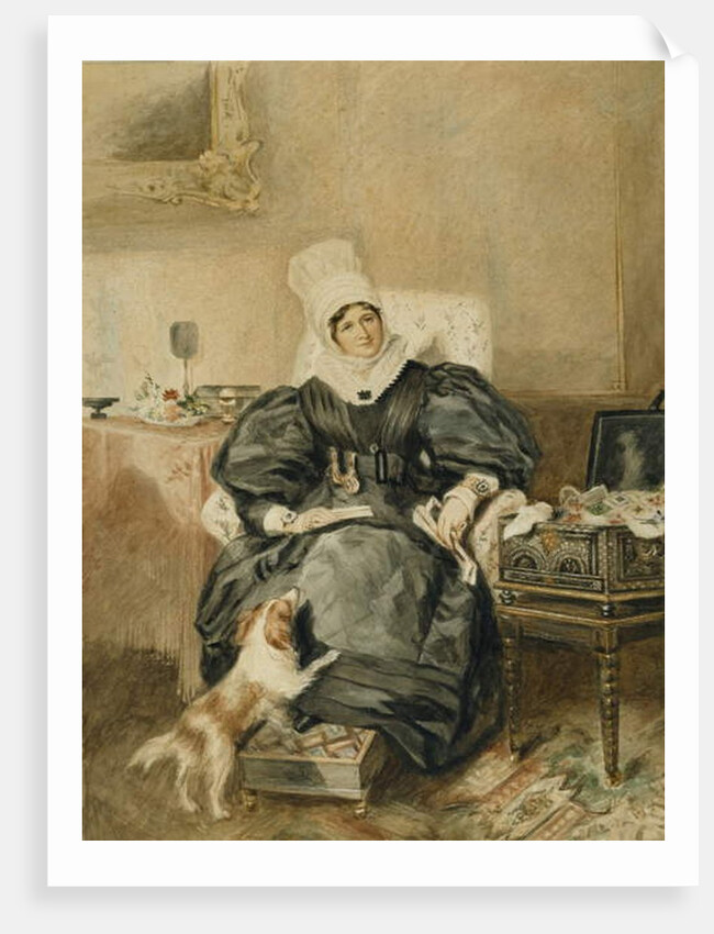 Portrait of a lady by a table with a dog by William Henry Hunt