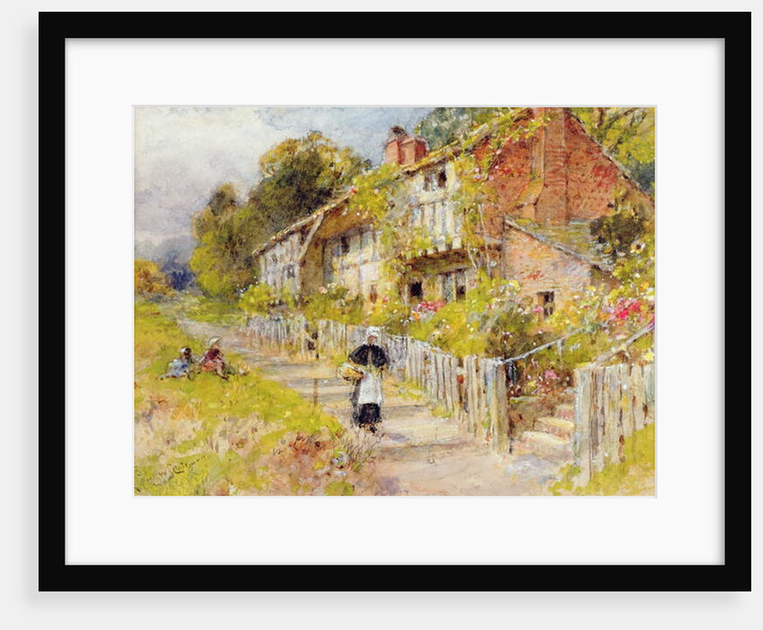 Cottages - a row of cottages with a figure and other children playing by William Stephen Coleman