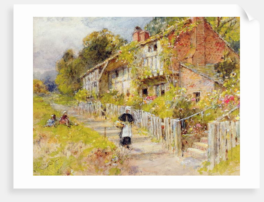 Cottages - a row of cottages with a figure and other children playing by William Stephen Coleman