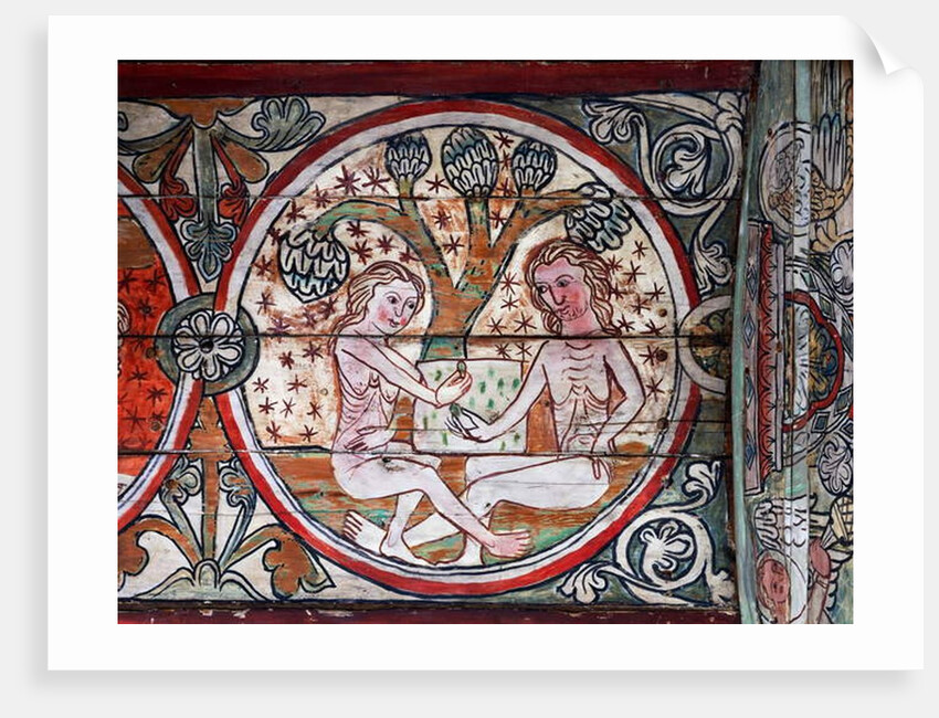 Adam and Eve in Garden of Eden, decoration from Al Stavkirke, Norway by school Scandinavian