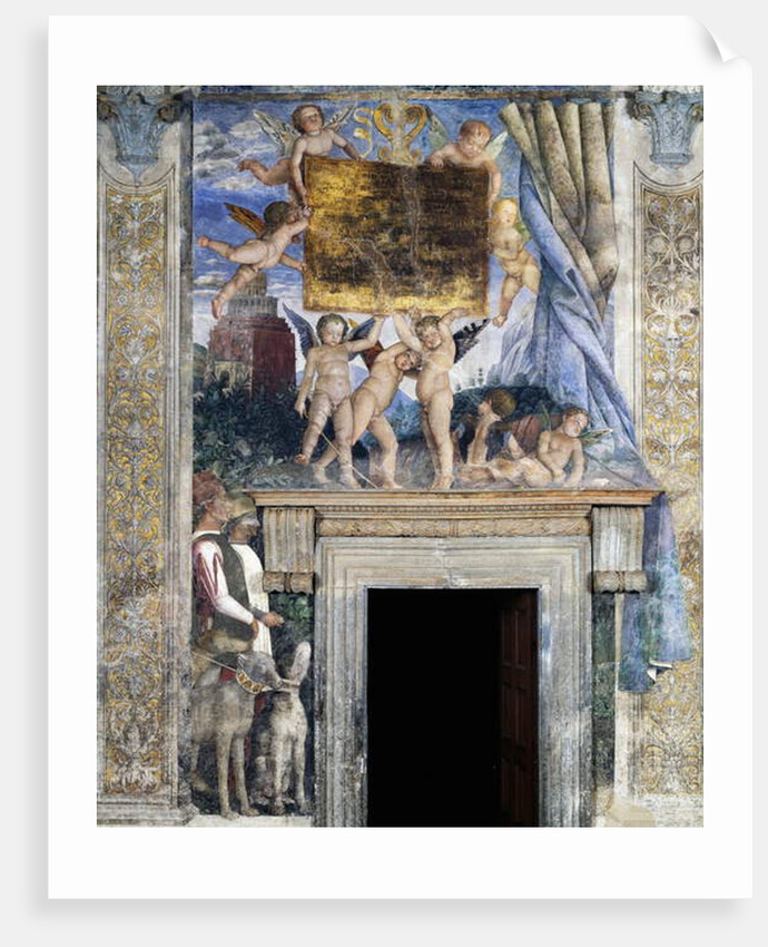 Winged cherubs holding the dedicatory plaque, detail from the Meeting wall, central part, 1465-1474 by Andrea Mantegna