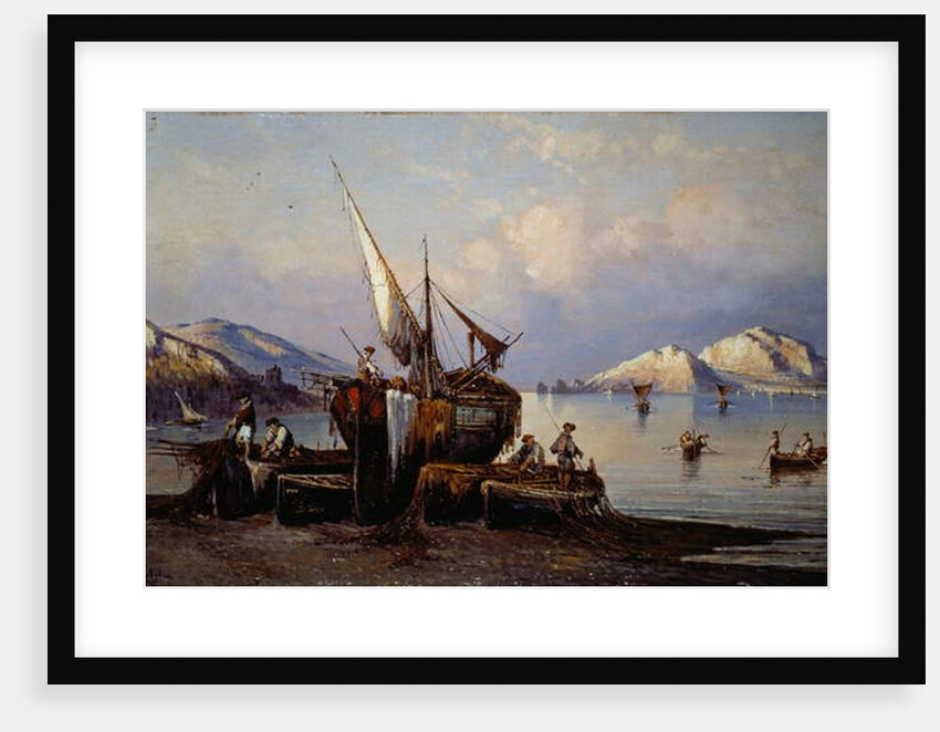 Fishermen in Nerano with Capri island in background by Consalvo Carelli