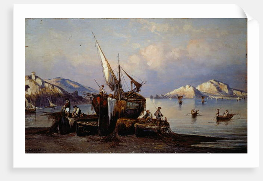 Fishermen in Nerano with Capri island in background by Consalvo Carelli