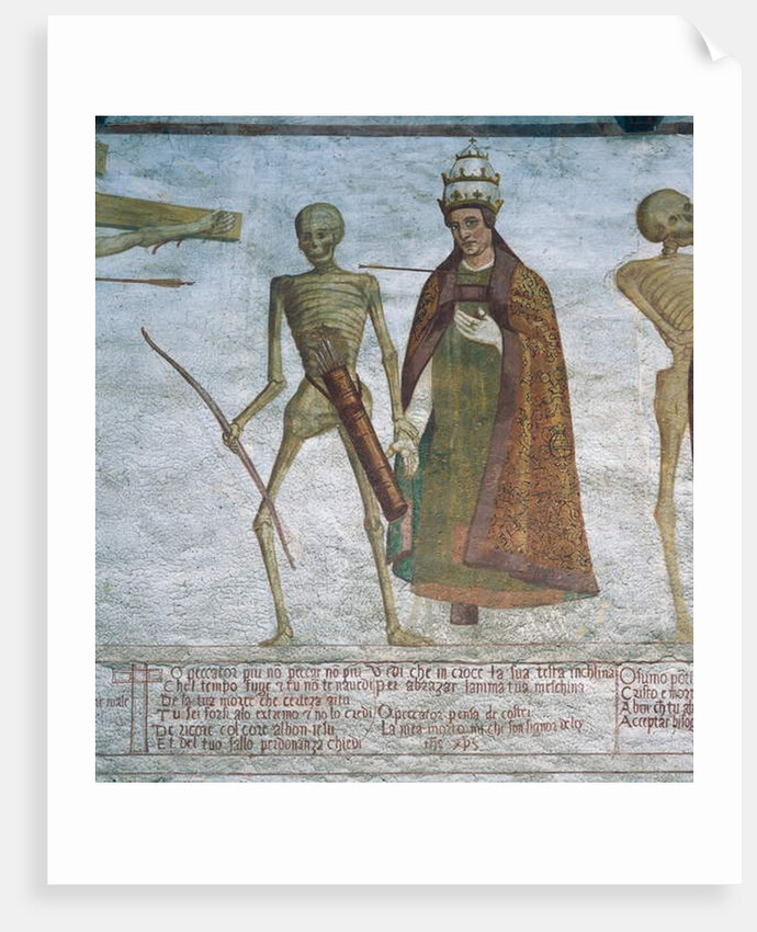 Death asking the Pope to dance, detail from The Dance of Death, 1539 by Simone II Baschenis