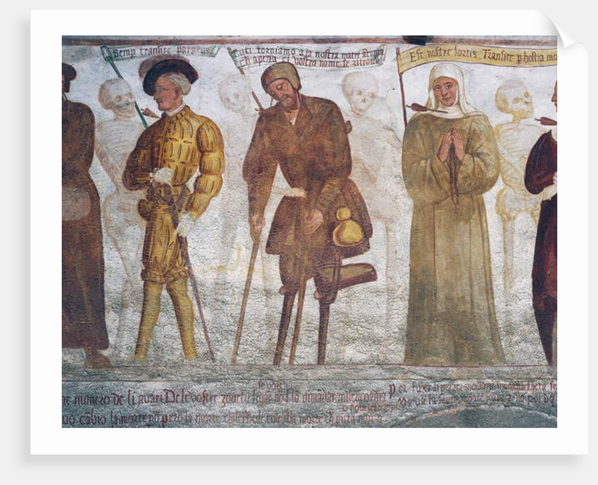 Death with the young man, the beggar, and the nun, detail from The Dance of Death, 1539 by Simone II Baschenis