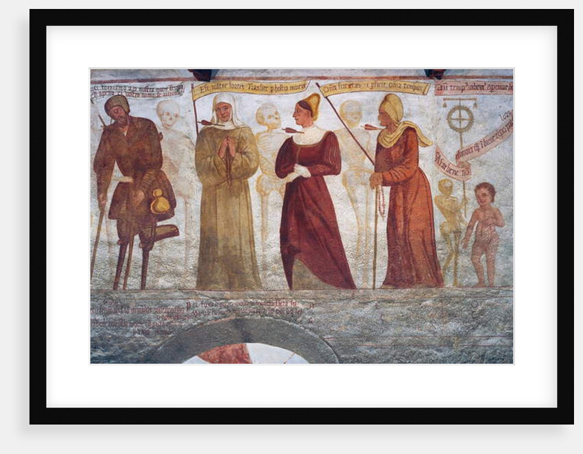 Death with the lame man, the nun, the young woman, the old woman and the child by Simone II Baschenis
