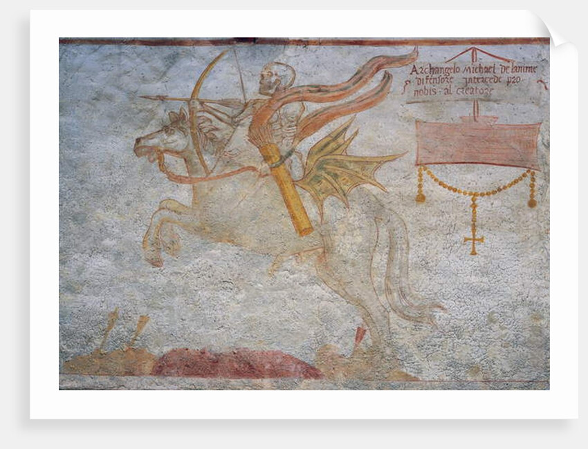 Death riding on horseback aiming arrow, 1539, detail from The Dance of Death, 1539 by Simone II Baschenis