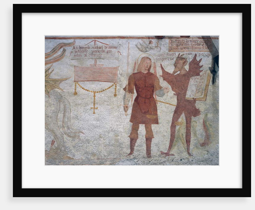 The Archangel Michael and the devil with the book of the seven deadly sins by Simone II Baschenis