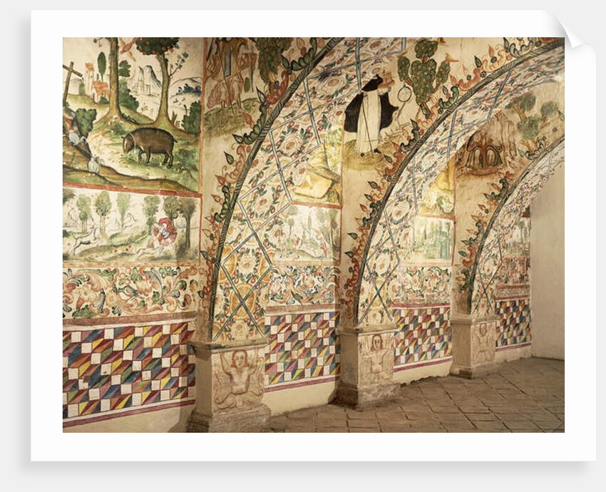 Chapel frescoes depicting religious and daily life scenes by School Peruvian