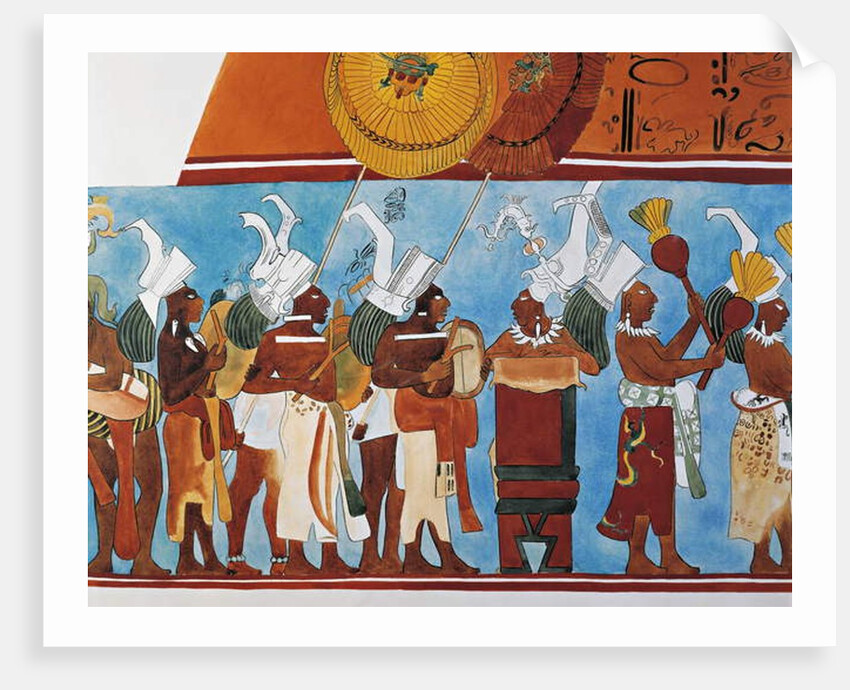 Reconstruction of the Bonampak frescoes showing a procession of musicians by Mayan