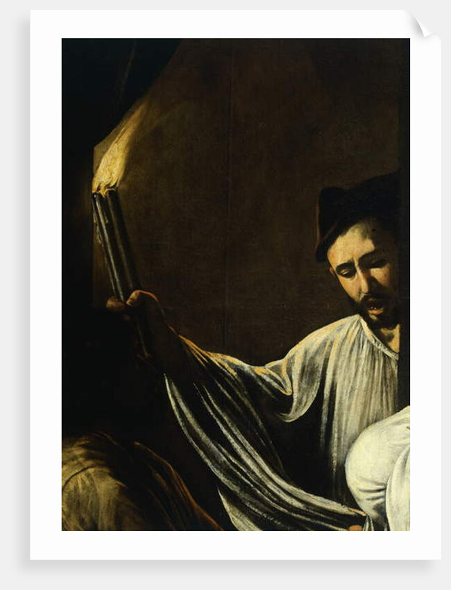A man holding a torch and burying a dead by Michelangelo Merisi da Caravaggio