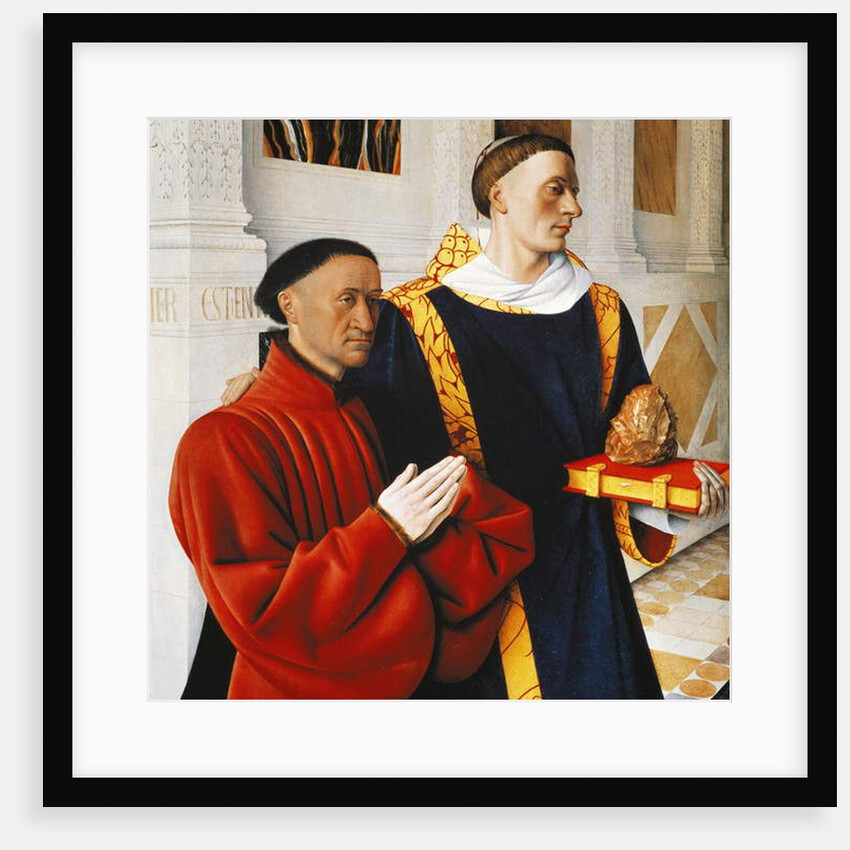 Left hand panel of the Melun Diptych: Etienne Chevalier with his patron saint St Stephen, 1452 by Jean Fouquet