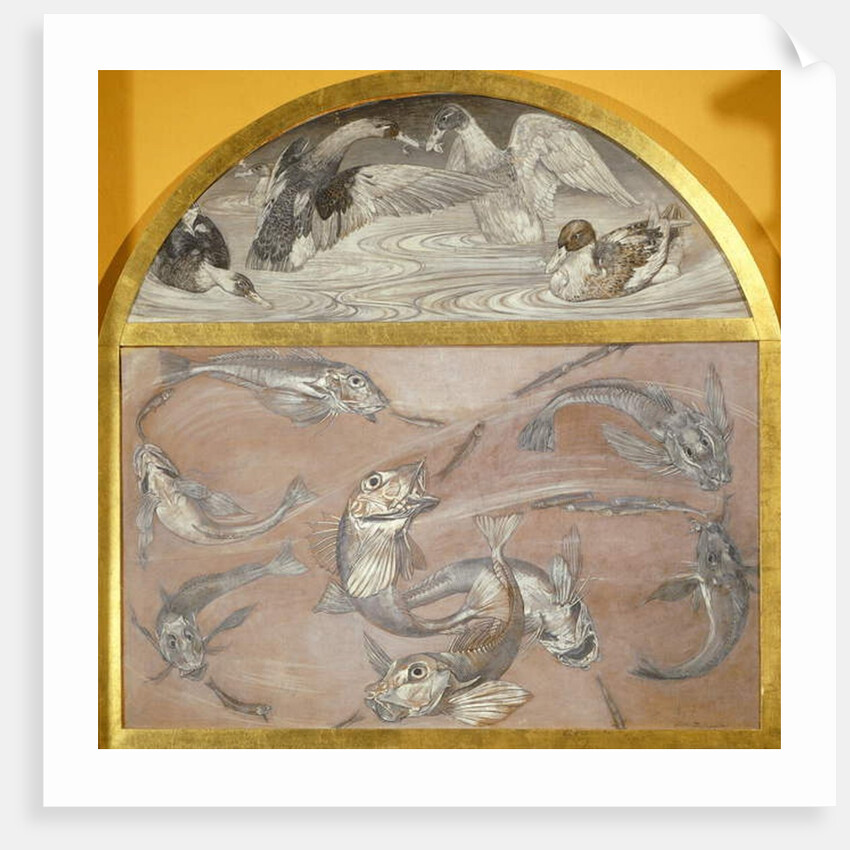 Diptych with fish and ducks in pond by Edoardo Gioja