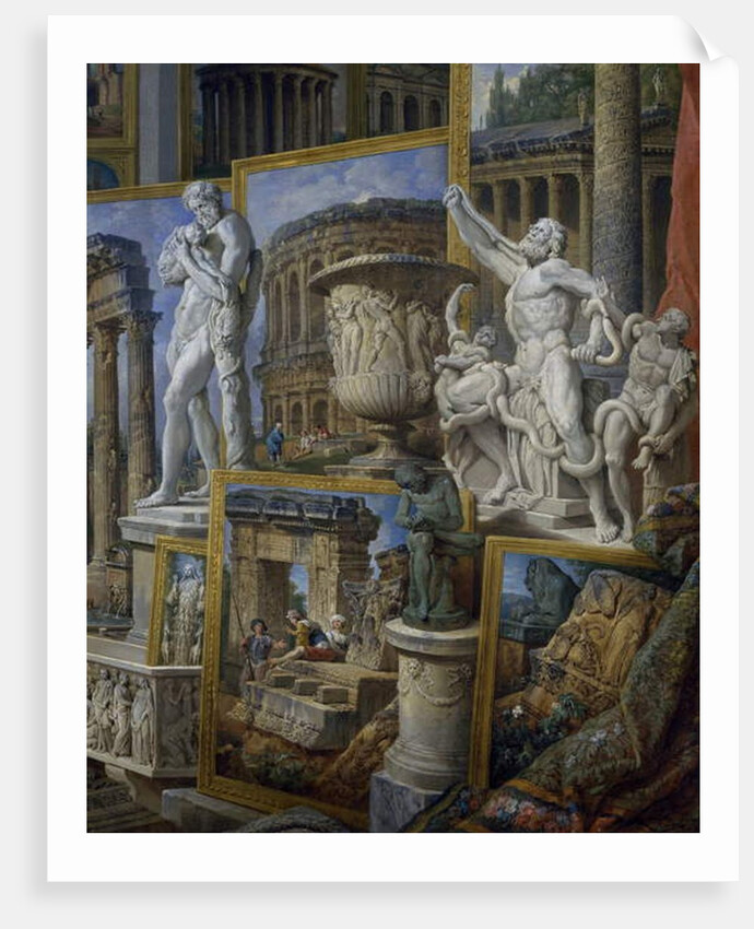 Silenus bearing the child Dionysus, the Borghese Vase, and the Laocoon Group by Giovanni Paolo Pannini or Panini