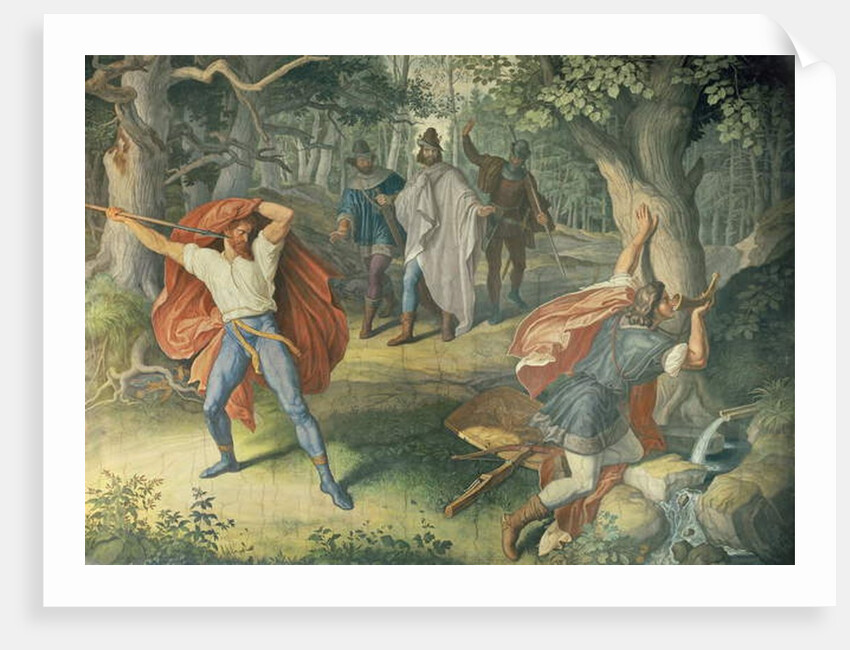 Hagen killing Siegfried at fountain, Hall of Nibelungens, 1831-1867 by Julius Schnorr von Carolsfeld