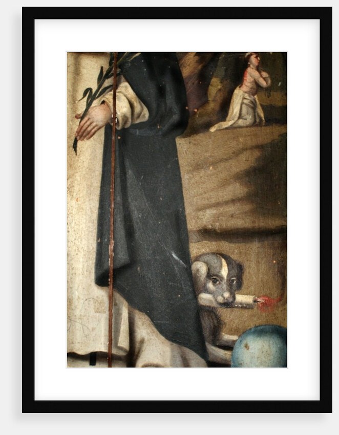 Detail showing the lily, staff and dog with torch, attributions of St. Dominic by Spanish School