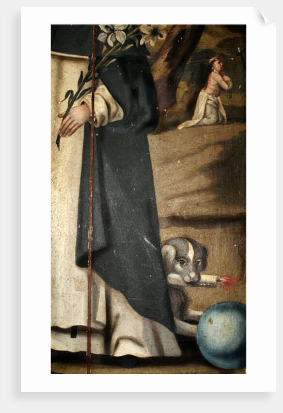 Detail showing the lily, staff and dog with torch, attributions of St. Dominic by Spanish School