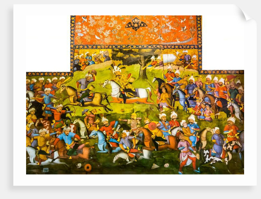 Battle of Taher-Abad or Battle of Merv with victory of Shah Ismail I over Muhammad Shaybani Khan, Reception Hall, Chehel Sotun, 1647 by Persian School