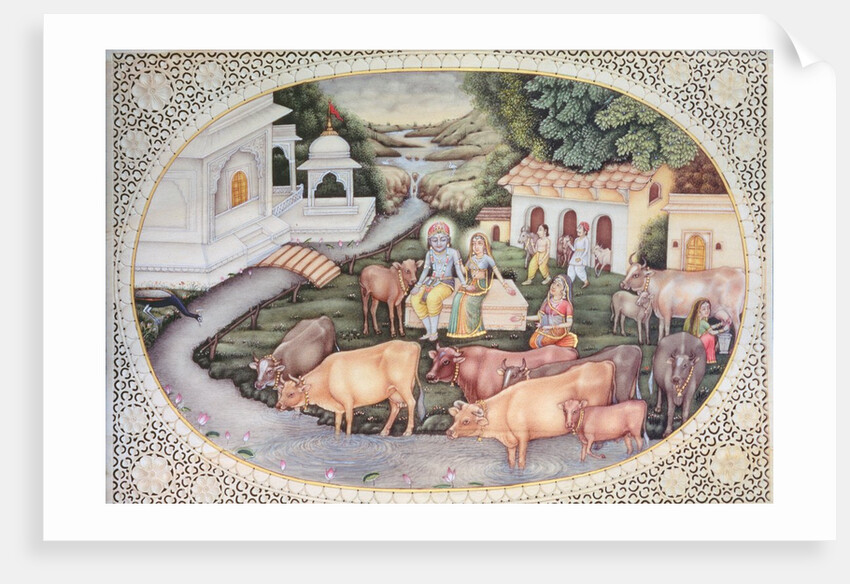 Miniature of Krishna a milkmaid seated in a field with cattle by School Indian