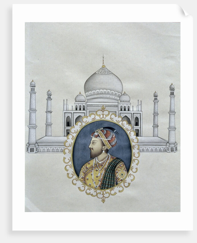 Portrait of Shah Jahan and the Taj Mahal which he built to house the tomb of his wife by School Indian