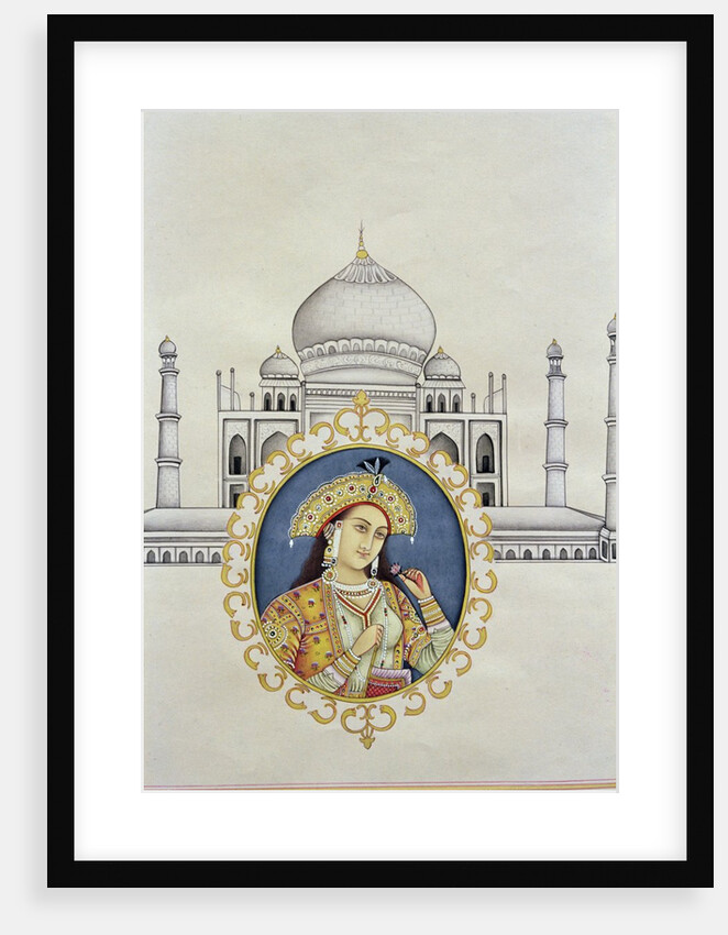 Portrait of Arjumand Banu Begum Mumtaz-i Mahal and the Taj Mahal, built to house her tomb by her husband Shah Jahan by School Indian