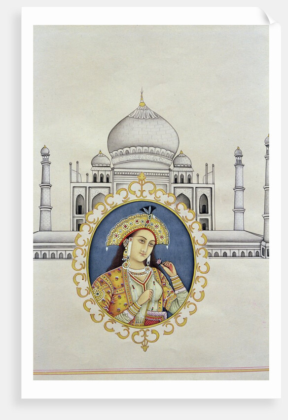 Portrait of Arjumand Banu Begum Mumtaz-i Mahal and the Taj Mahal, built to house her tomb by her husband Shah Jahan by School Indian