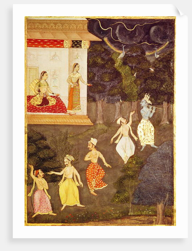 Krishna playing the flute followed by four dancers, Rajasthan by Indian School