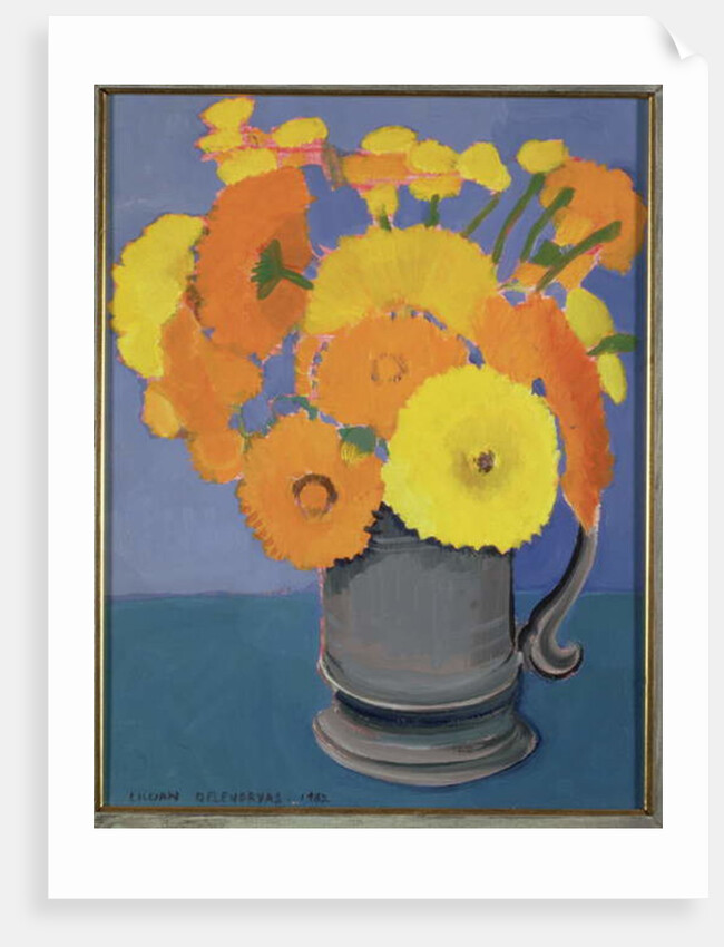 Orange Flowers in a tankard by Lillian Delevoryas