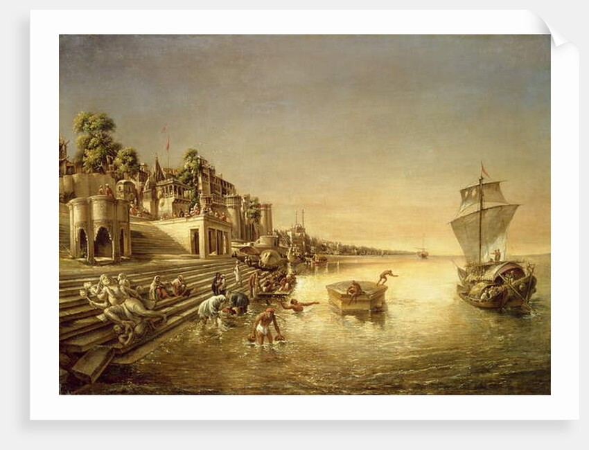 View of Benares with People Bathing and Praying in the Ganges by August Theodor Schoefft