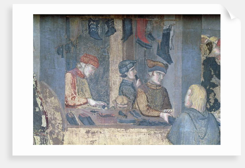 Effects of Good Government in the City, detail of a merchant and craftsmen in the shoemaker's shop, 1338-40 by Ambrogio Lorenzetti