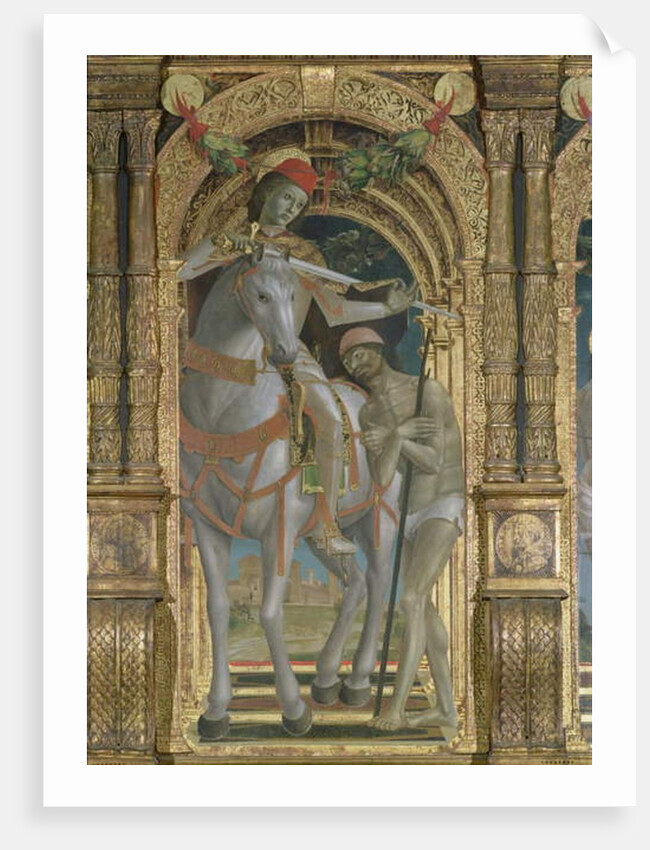 St. Martin sharing his cloak with the beggar, detail from a polyptych, 1485 by Bernadino & Zenale B. (1436-1526) Butinone