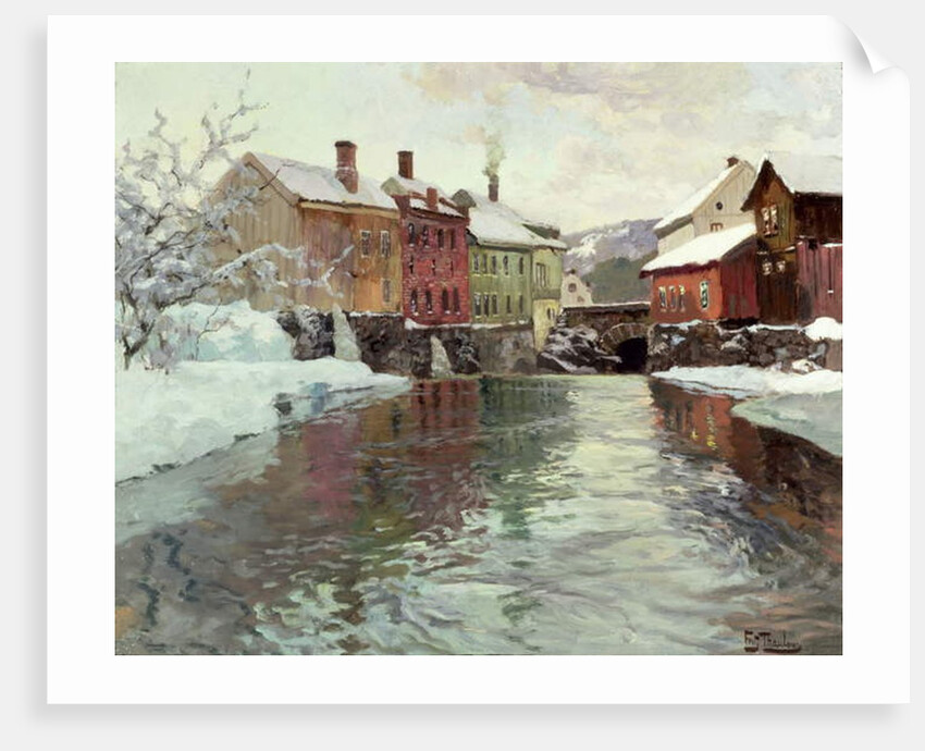 Snow-covered buildings by a river by Fritz Thaulow