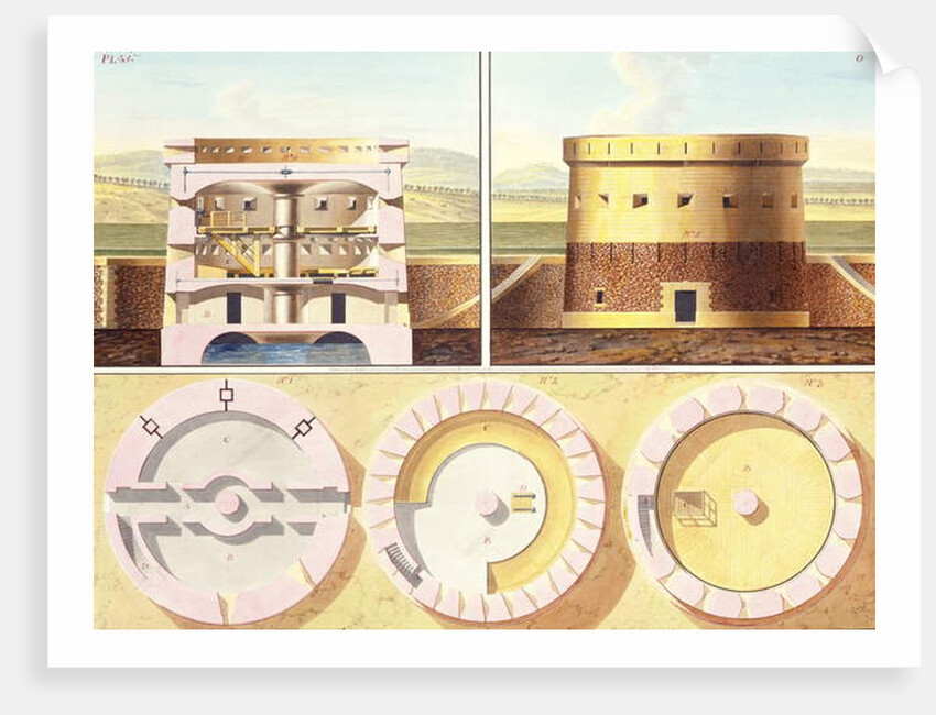 Design for a Fortification on the Outskirts of Paris - a Perspective View, Section and Three Floor Plans of the Central Tower, c.1813 by French School