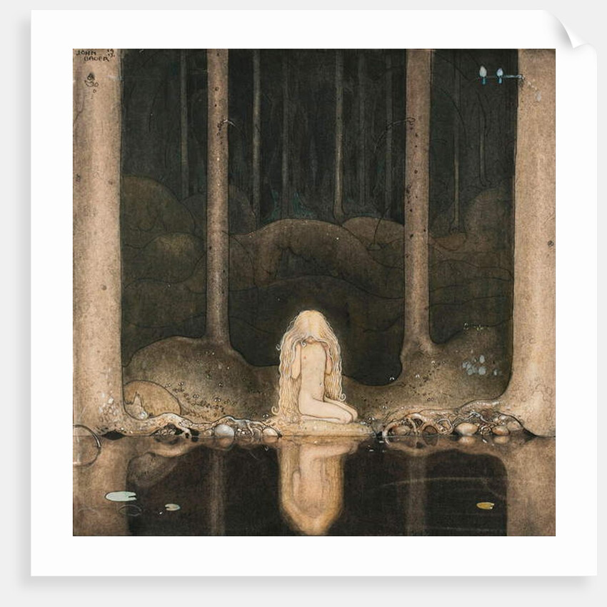 Princess Tuvstarr looking at the water of the lake with nostalgia, 1913 by John Bauer