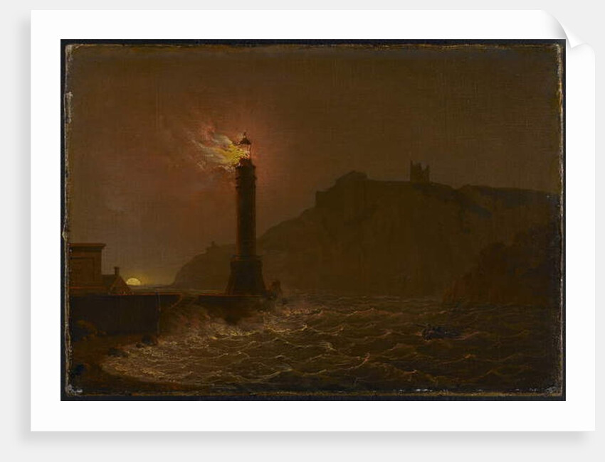 A Lighthouse on fire at night by Joseph Wright of Derby