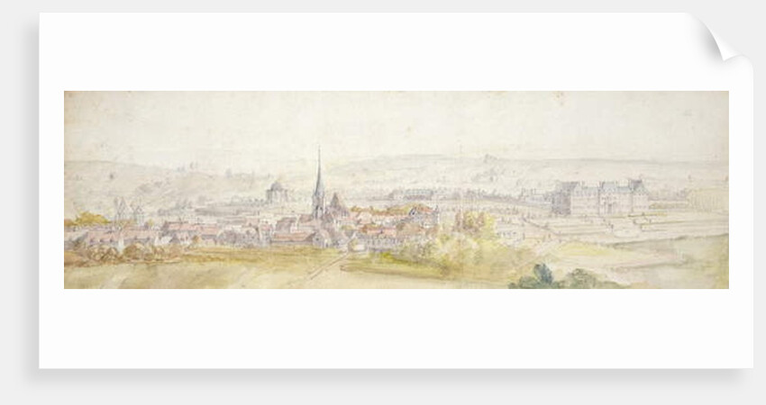 Distant view of a town with a chateau on the right by Adam Frans van der Meulen