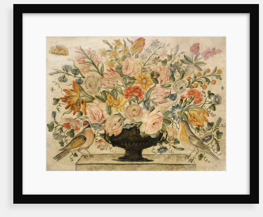 An urn containing flowers on a ledge with two birds, 1600 by Octavianus Montfort