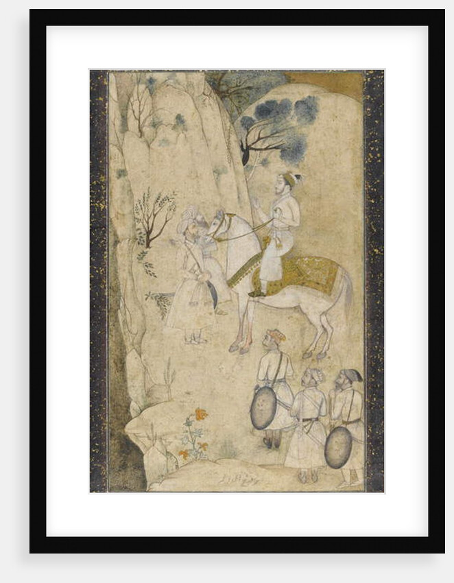 A prince on horseback, with five attendants, regarding a waterfall by School Mughal