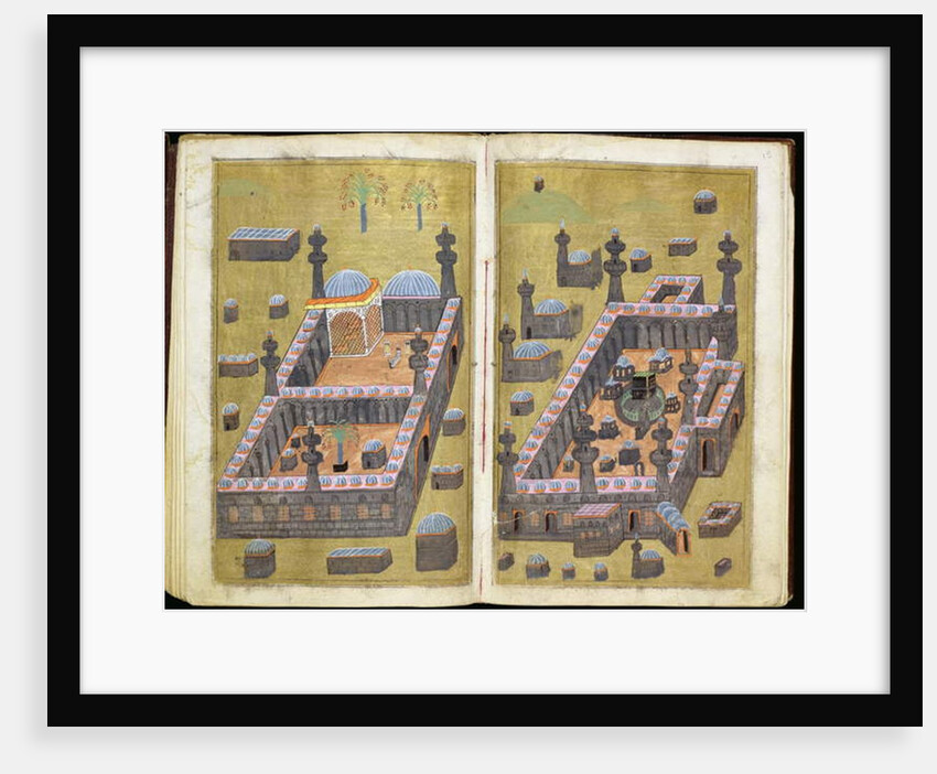 MS.343.f15v-16r The mosques at Medina & Mecca, from `Reasons for Charity', by Mustafa Al-Shukri, 1160 by Persian School