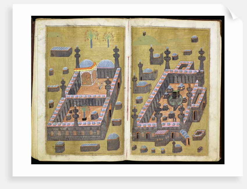 MS.343.f15v-16r The mosques at Medina & Mecca, from `Reasons for Charity', by Mustafa Al-Shukri, 1160 by Persian School