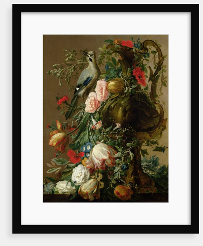 A Sculpted Stone Vase with Roses, Auricula, Poppies, Convulvulus, with a Jay on a Ledge, 1760 by Jacobes Vonck