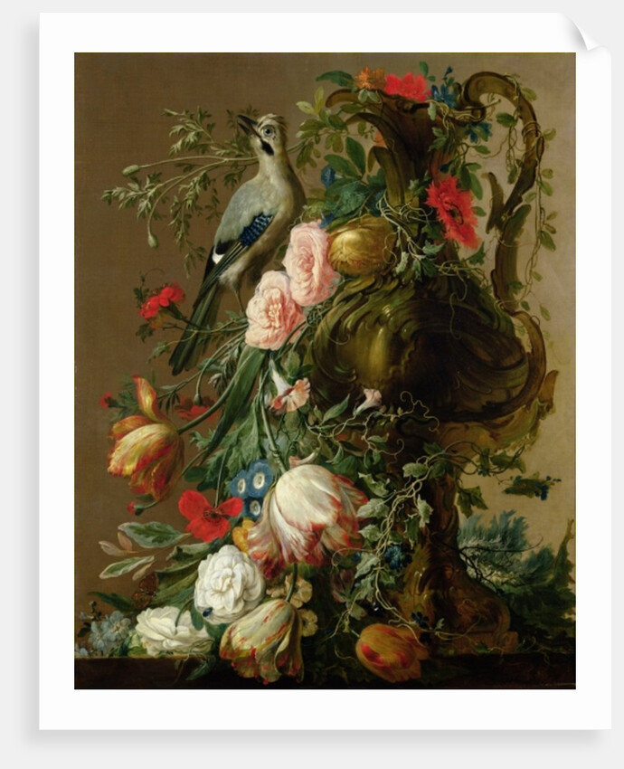 A Sculpted Stone Vase with Roses, Auricula, Poppies, Convulvulus, with a Jay on a Ledge, 1760 by Jacobes Vonck