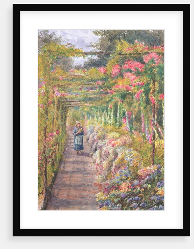 Young Girl Walking under a Rose Pergola by English School