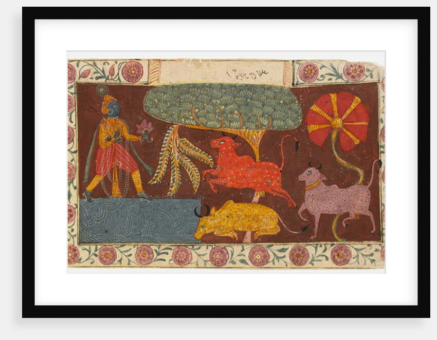 Krishna and Cows at a Pond by Indian School