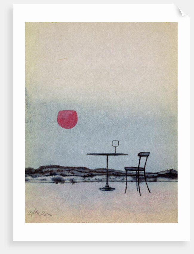 Displaced red wine from glass on outside table becomes the Setting Sun by George Adamson